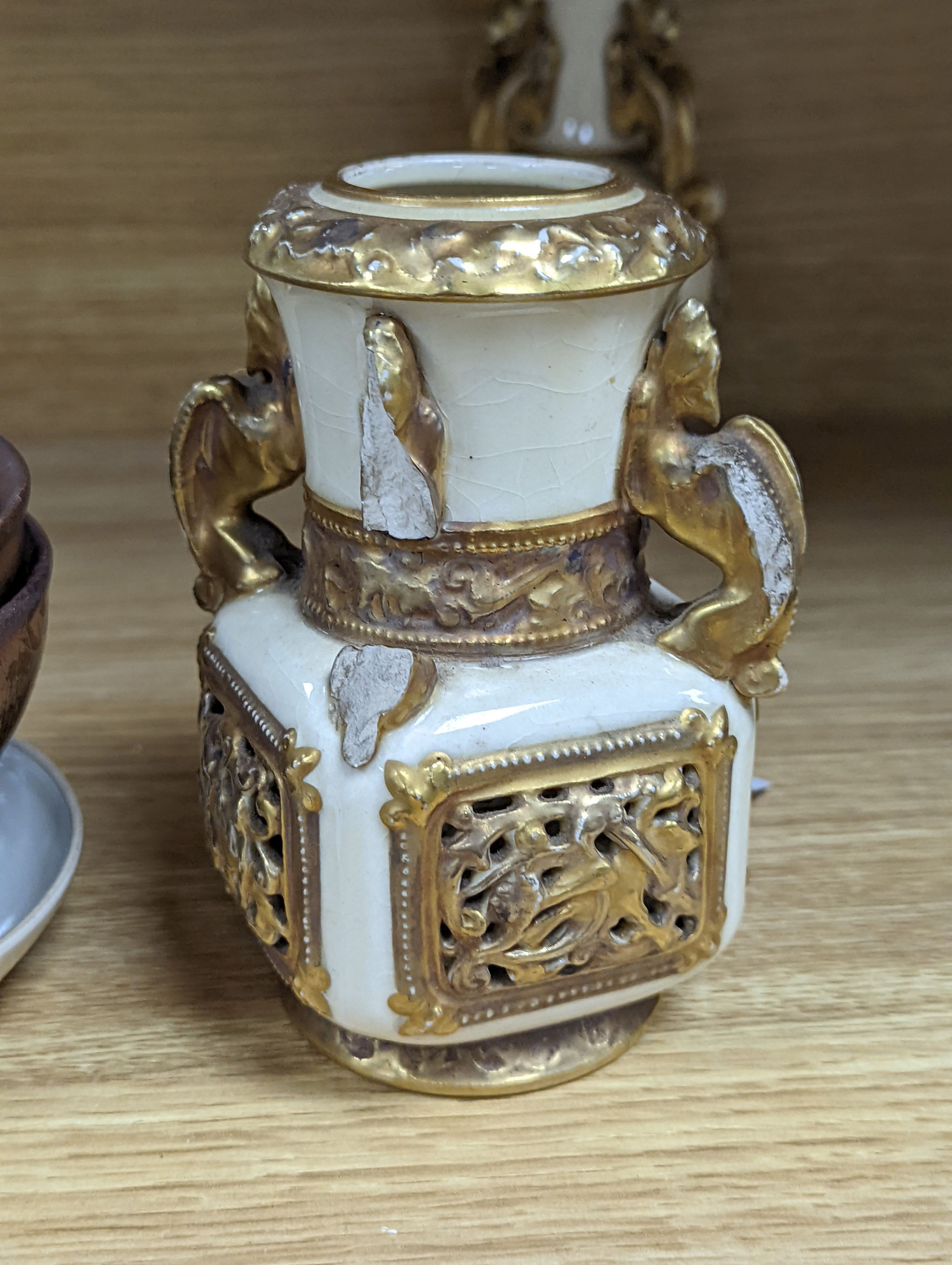 A group of Zsolnay pottery vases, dishes etc., 8 in total (a.f.)